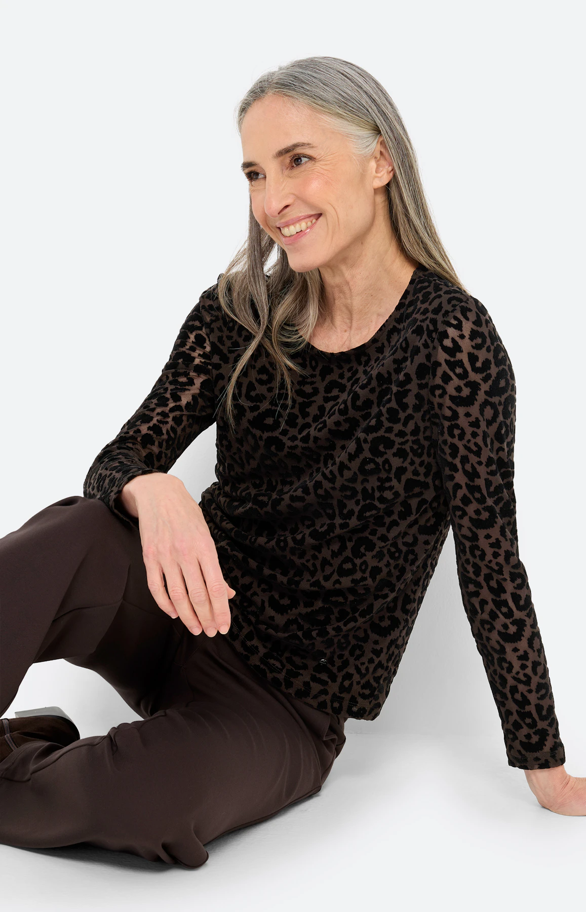 Mesh-shirt met flockprint, bruin