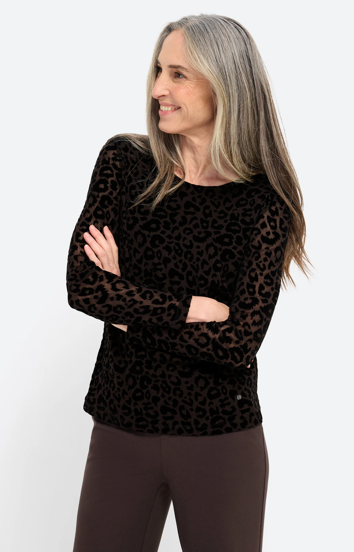 Mesh-shirt met flockprint, bruin