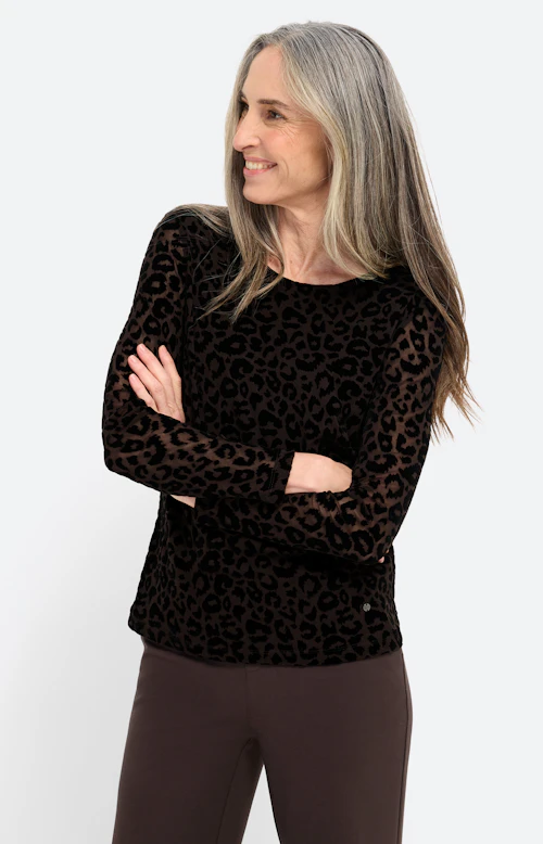 Mesh-shirt met flockprint, bruin