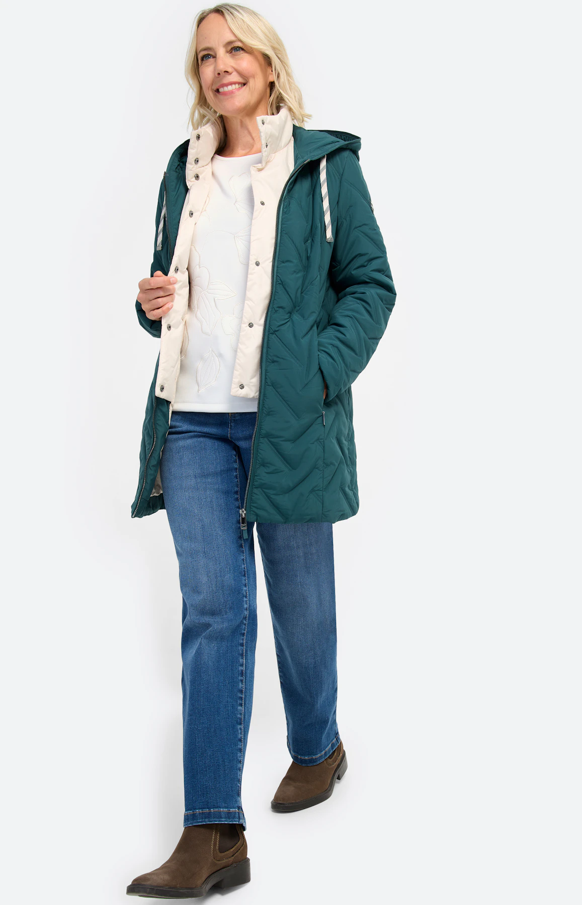 Doorgestikte mantel, 2-in-1-look, groen