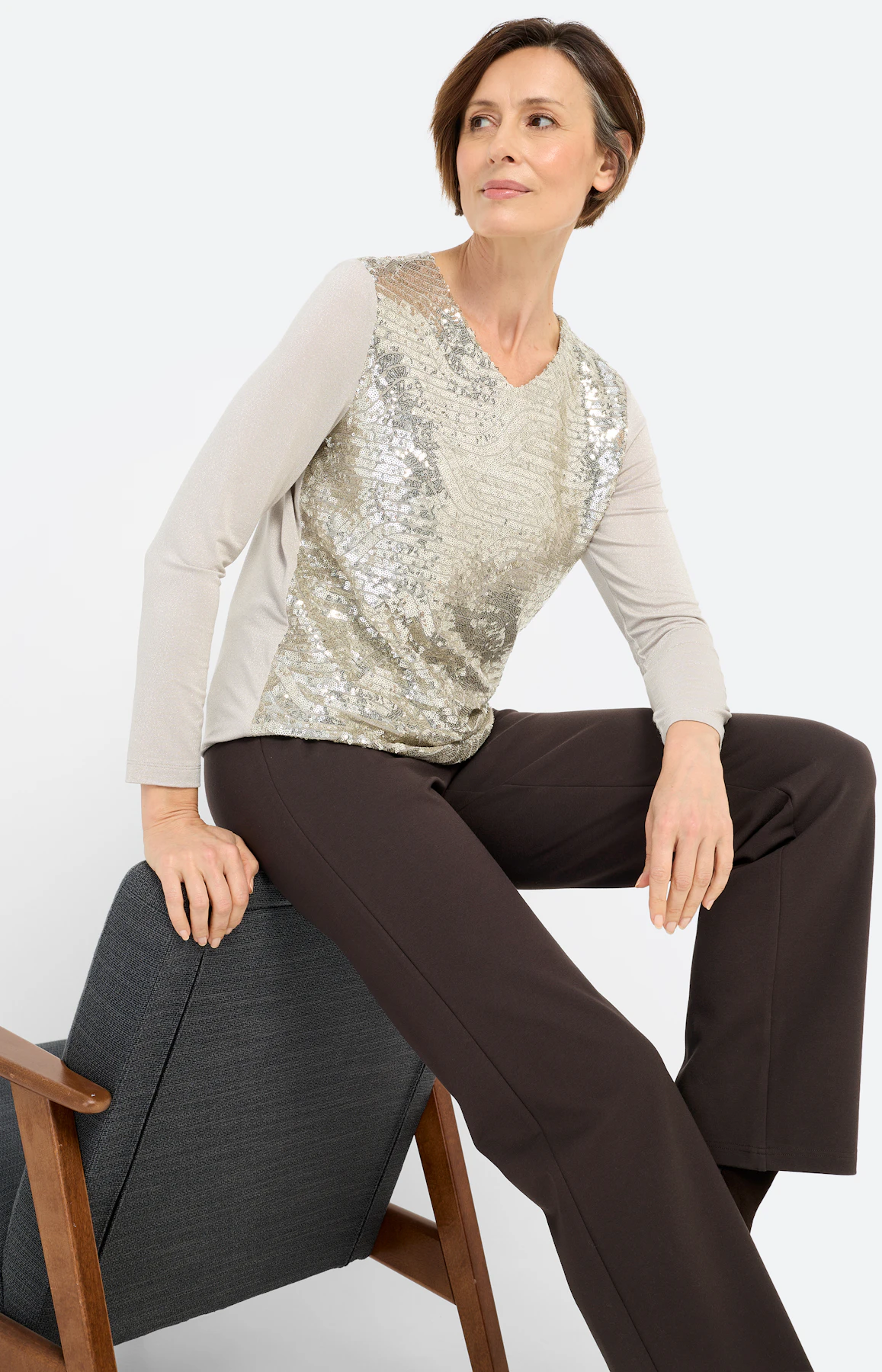 Shirt met pailletten, beige