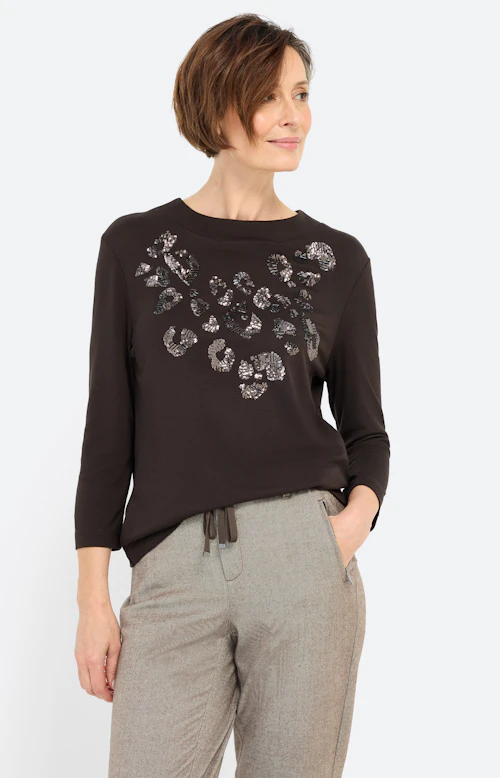 Shirt met paillettenapplicatie, bruin